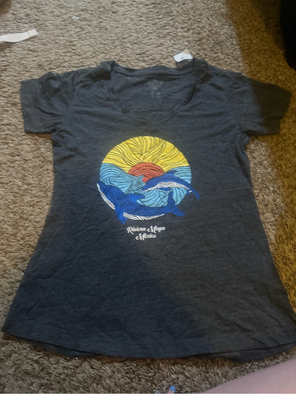 Women’s Charcoal Graphic V-Neck Tee with Blue Whale Motif